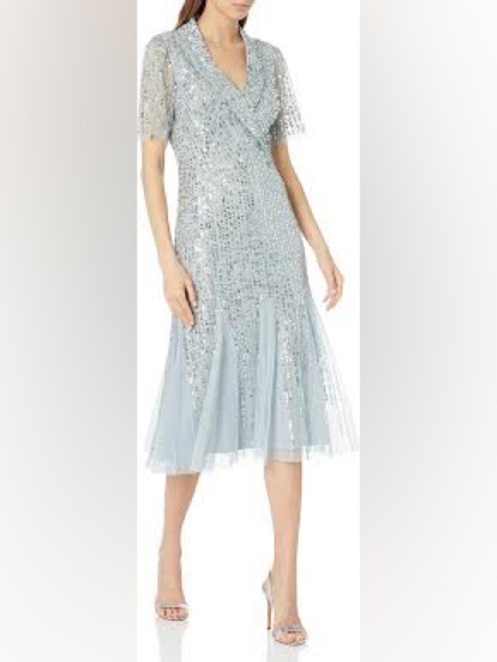 Adrianna Papell Light Blue Sequined Midi Dress with V-Neck size 4 NWT